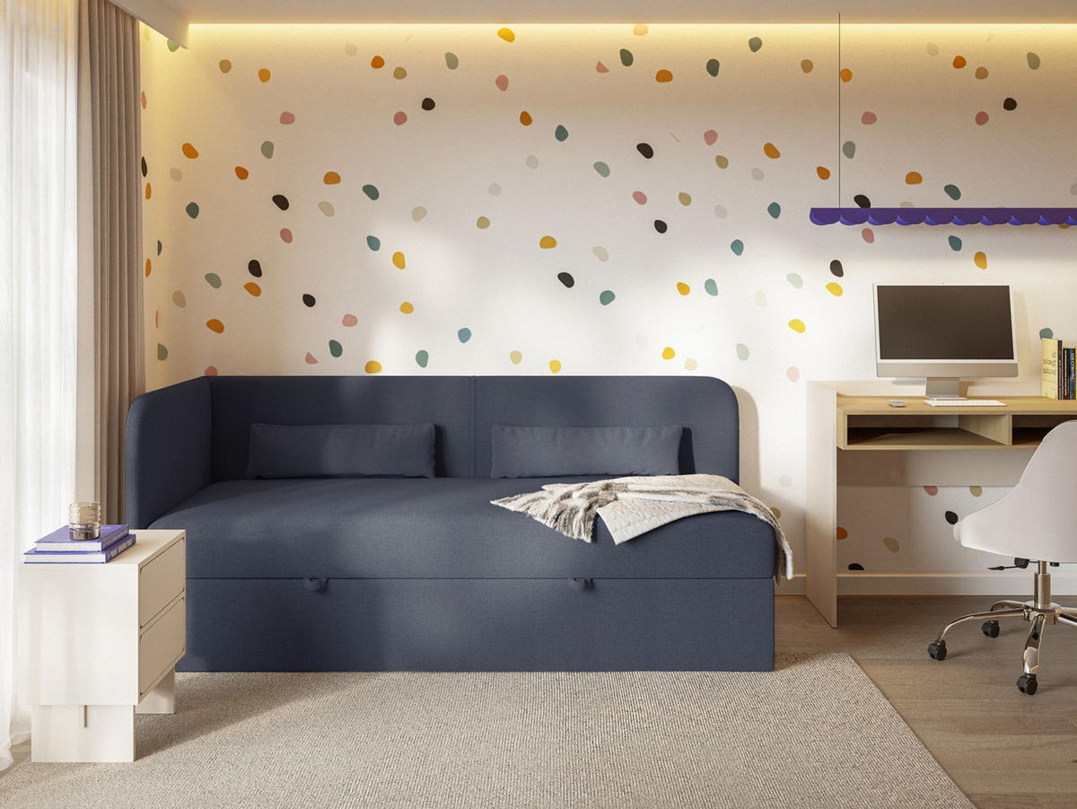 JUGENDBETT Calmmo Dunkelblau mit Chenille-Bezug, Kopfteil links - Dunkelblau, Textil (90/200cm) - Selsey