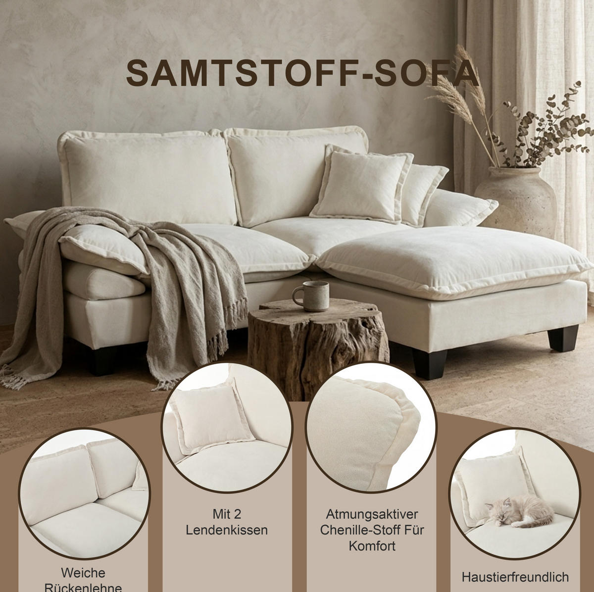 WOHNLANDSCHAFT aus Chenille 323x151x90 cm Beige mit USB-Anschluss, Stauraum, Getränkehaltern und 2 Ottomane - Beige, Textil (323/90/151cm) - Modfu