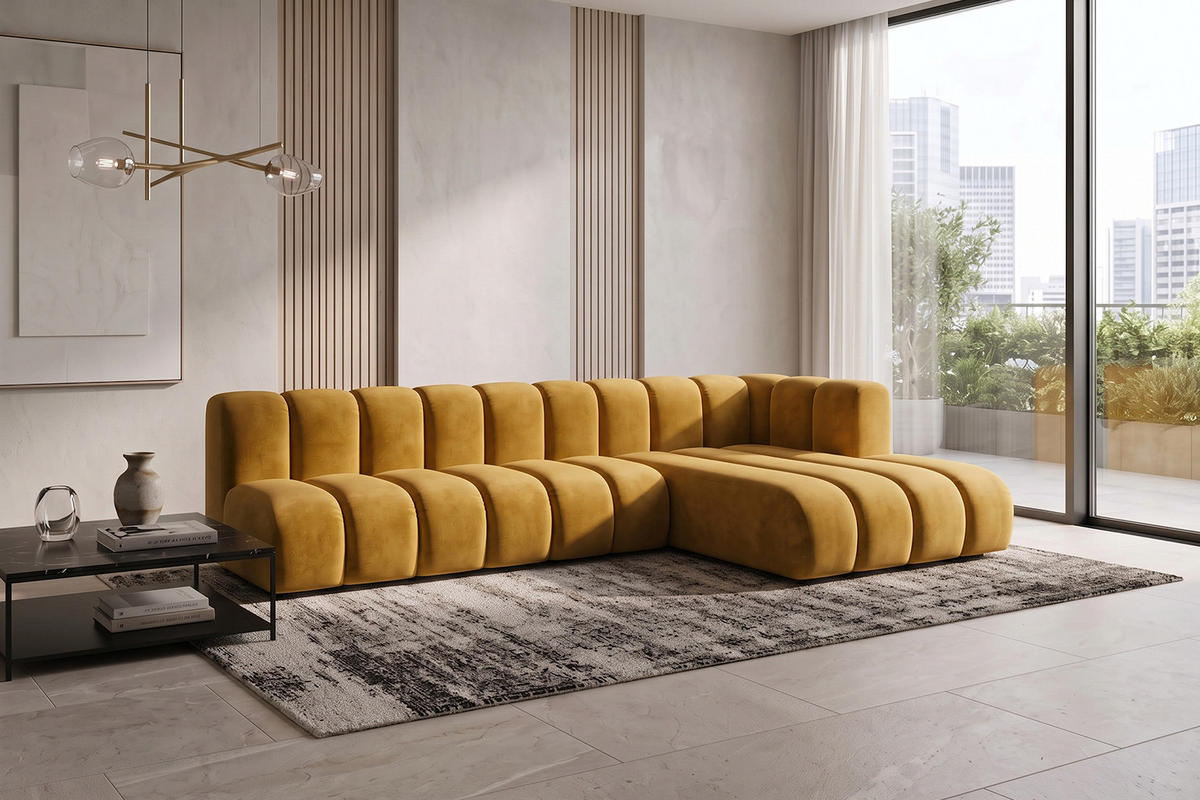 ECKSOFA Modulares In L-Form, Velvet-Stoff Riviera, Senffarbe, Rechts, GRAND 295 cm - Gelb, Holz (295/179cm) - Kaiser Möbel