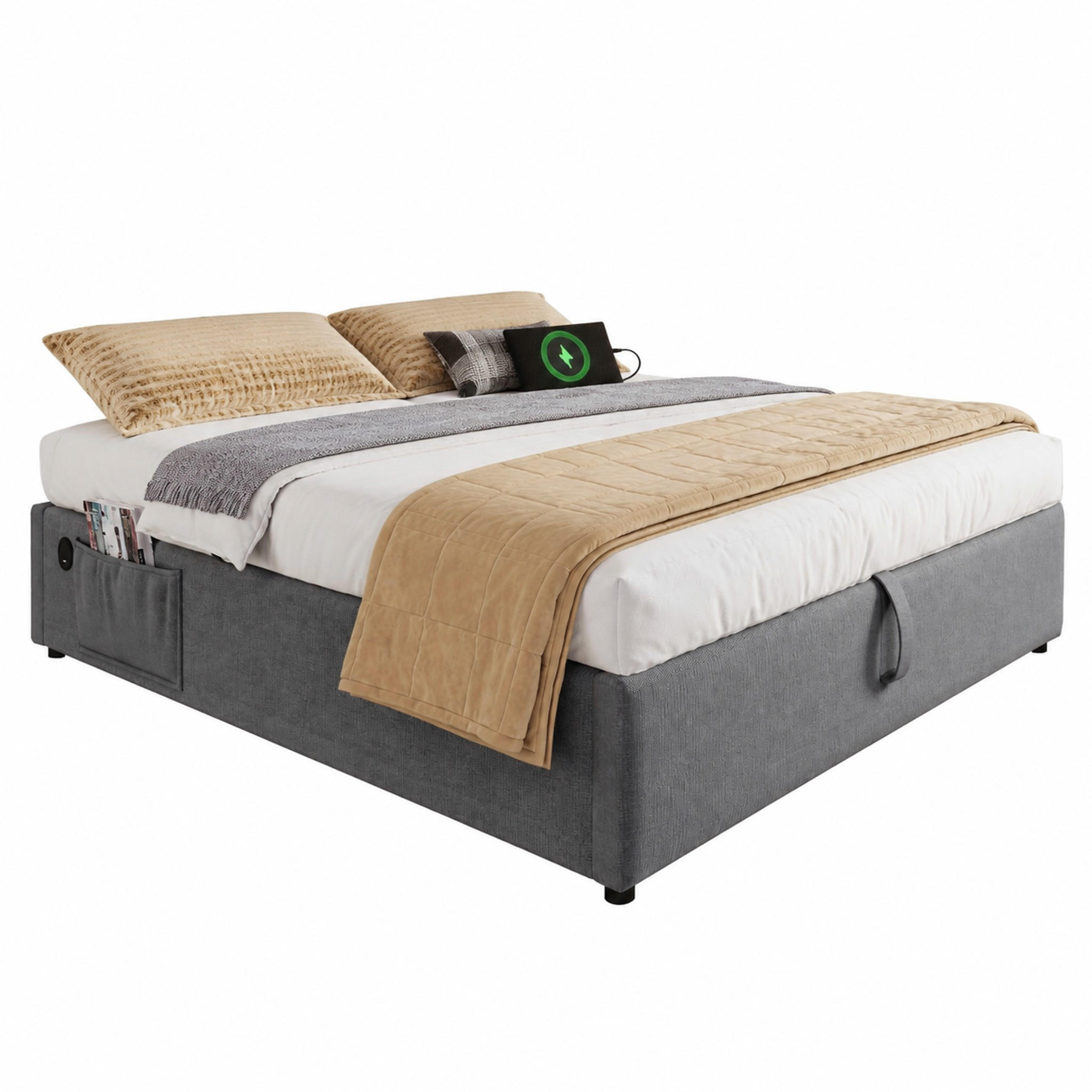 BETT mit Stauraum und USB-C 140x200 cm Grau - Grau, Metall (140/200cm) - Meubliv