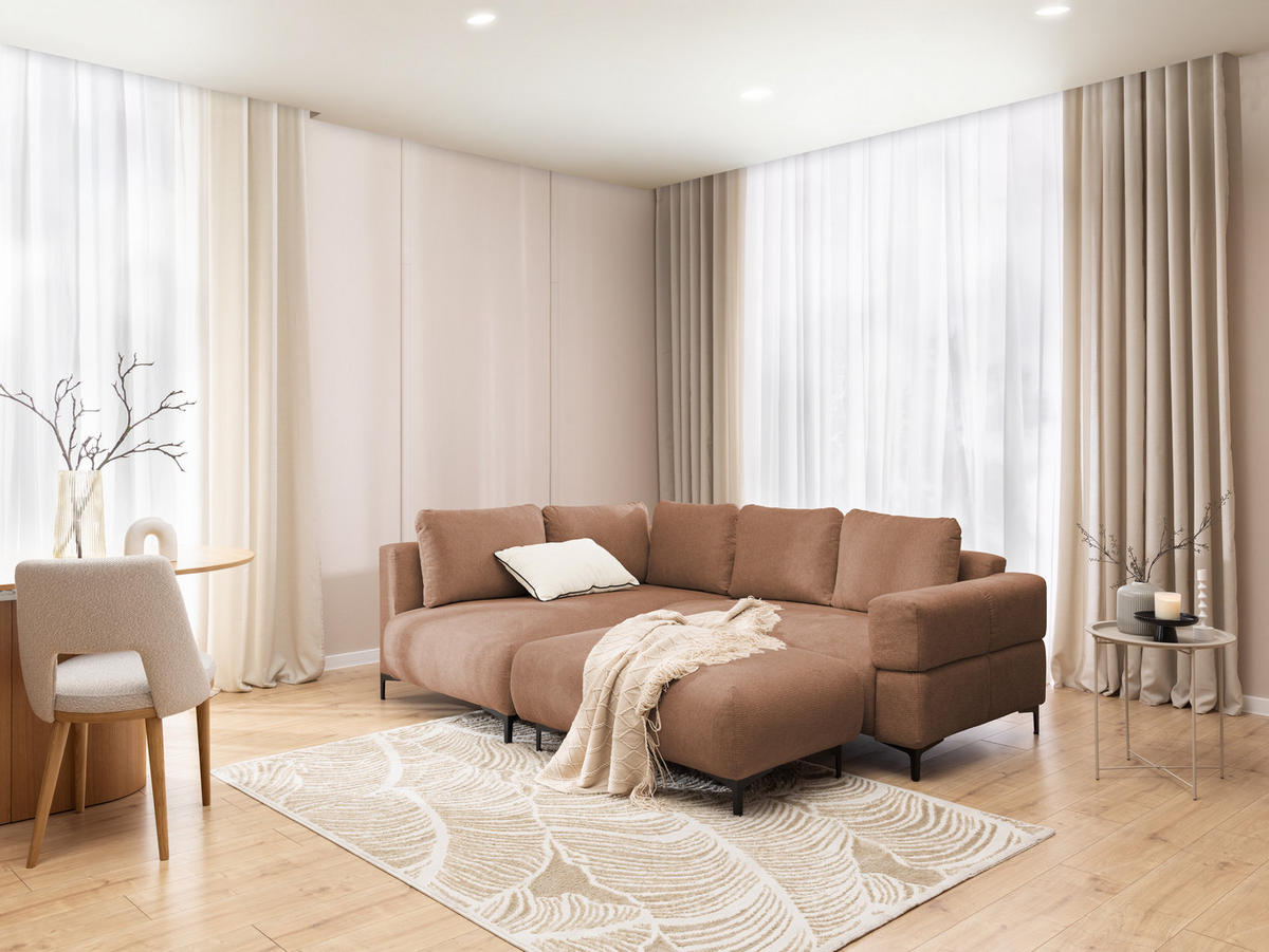 POLSTERHOCKER Cardea in Bubble-Optik aus weichem Terrakotta Strukturstoff mit hohem Sitzkomfort - Terracotta/Schwarz, Holz/Textil (110/46/65cm) - S-Style Möbel