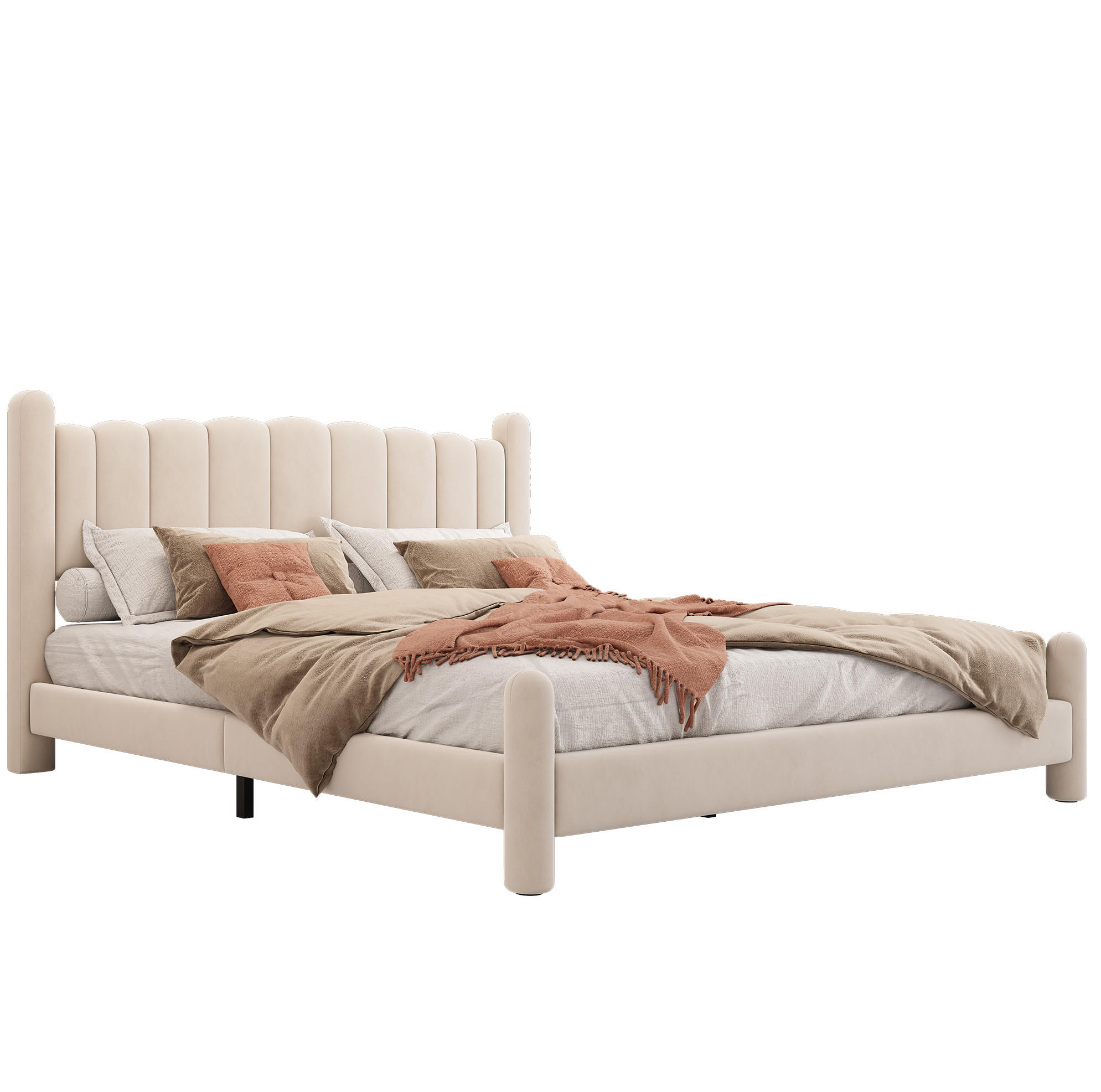 POLSTERBETT aus Samt 160x200 cm Beige mit Lattenrost, Wellen-Kopfteil und zylindrischen Beinen - Beige, Textil (160/200cm) - Modfu
