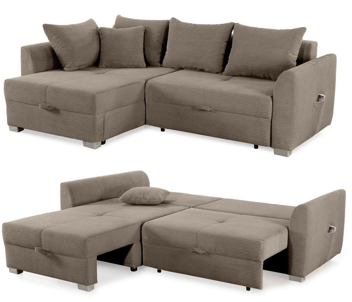 ECKSOFA mit Schlaffunktion und Bettkasten, seitenverkehrt montierbar B236/T160/H81 cm, Liegefl. 142x202 cm, Cord Braun Taupe / 15208 - Taupe/Chromfarben, Kunststoff/Textil (236/160cm) - luma-home