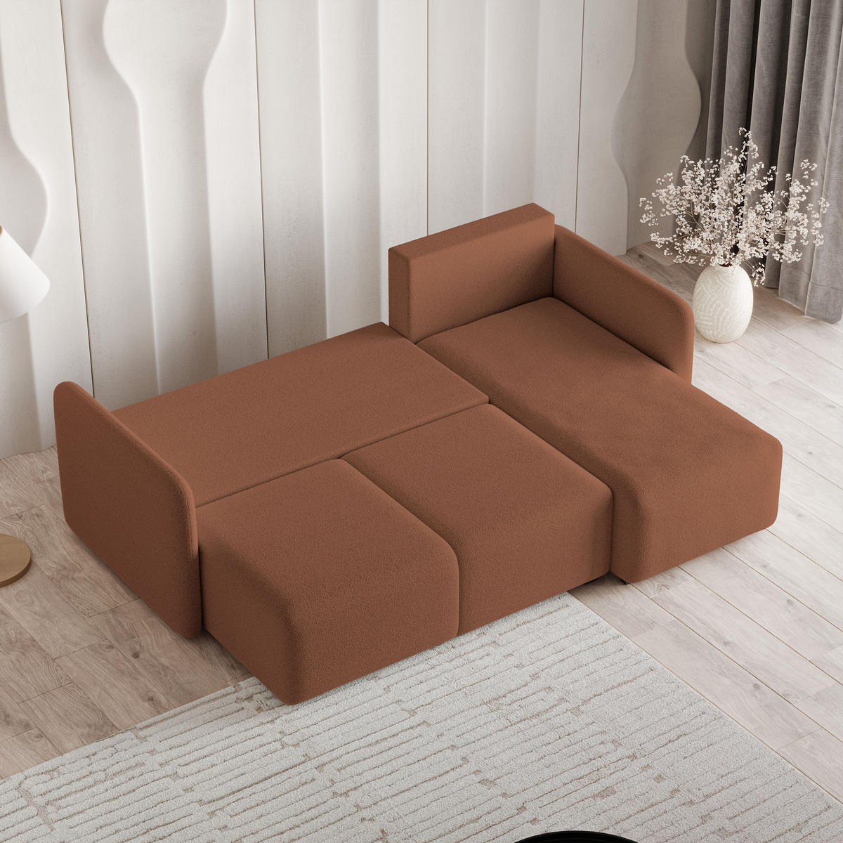 ECKSOFA SUVINO Kupferfarben Boucle-Stoff mit Schlaffunktion - Kupferfarben, Holz (230/143cm) - MASSENO