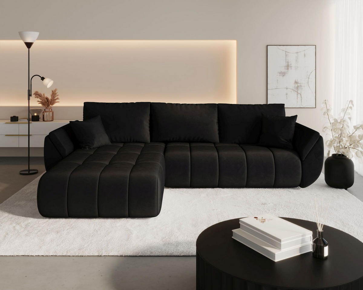 ECKSOFA SYDNEY PREMIUM links schwarz Velours Monolith 97 - Schlaffunktion, Bettkasten - Schwarz, Textil (280/184cm) - Cornero