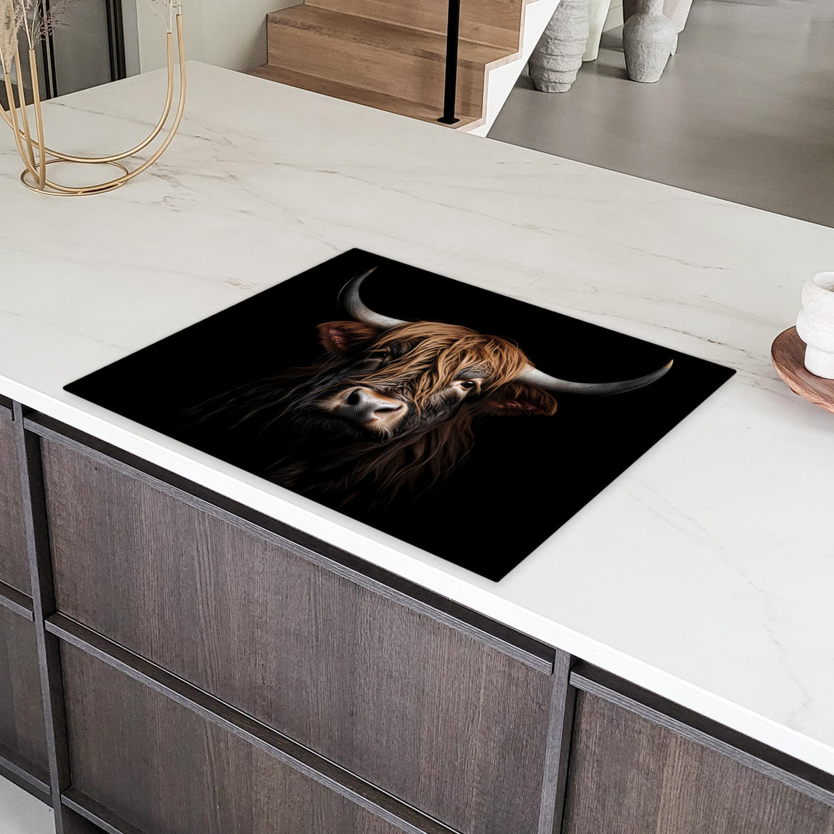 HERDABDECKPLATTE Schottischer Highlander - Porträt - Schwarz - Tier Induktionsmatte 77x59 cm - Braun, Kunststoff (77/59/0.2cm) - MuchoWow