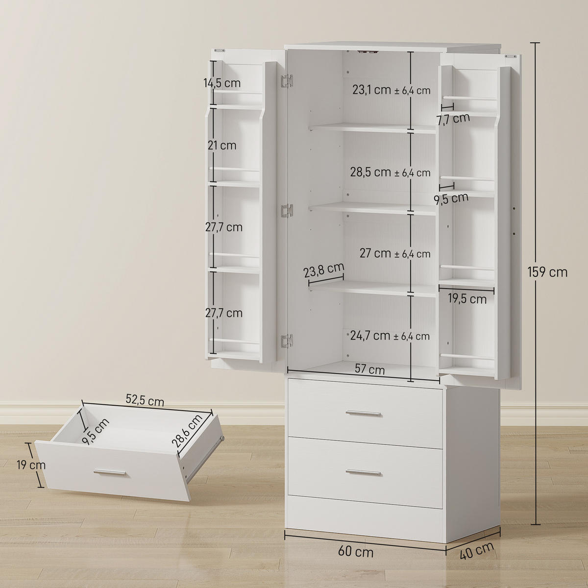 KÜCHENSCHRANK Buffetschrank mit 2 Türen, 8 Türregalen, 2 Schubladen Weiß - Silberfarben/Weiß, Holzwerkstoff/Metall (40/159/60cm) - HOMCOM