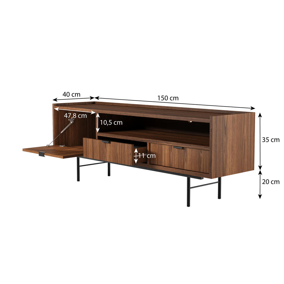 WOHNWAND Evron Kommode 150 cm TV-Board 150 cm Bücherregal 90 cm, Walnuss - Walnussfarben/Schwarz, Holzwerkstoff/Metall (150/90/40cm) - Beautysofa