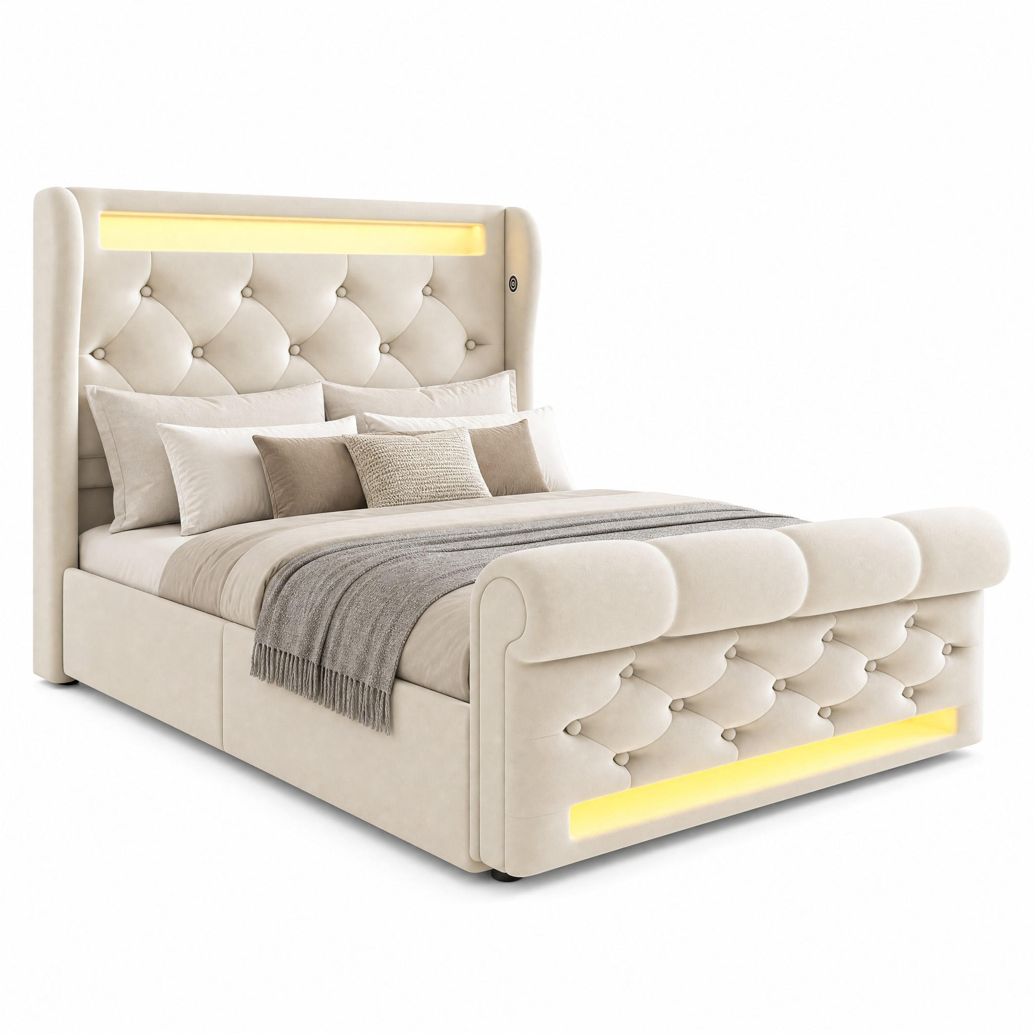 POLSTERBETT mit LED und Stauraum 90x200 cm Samt Beige - Beige, Metall (90/200cm) - Meubliv