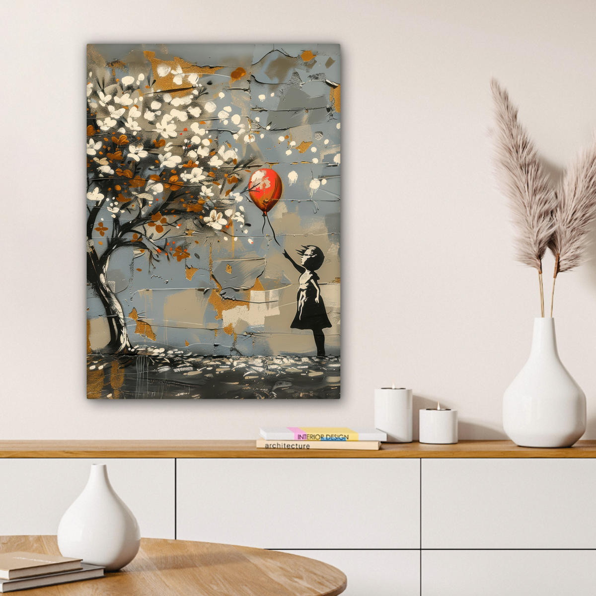 LEINWANDBILD Baum - Graffiti - Banksy-Stil - Ballon-Mädchen 60x80 cm - Blaugrau, Textil (60/80cm) - MuchoWow