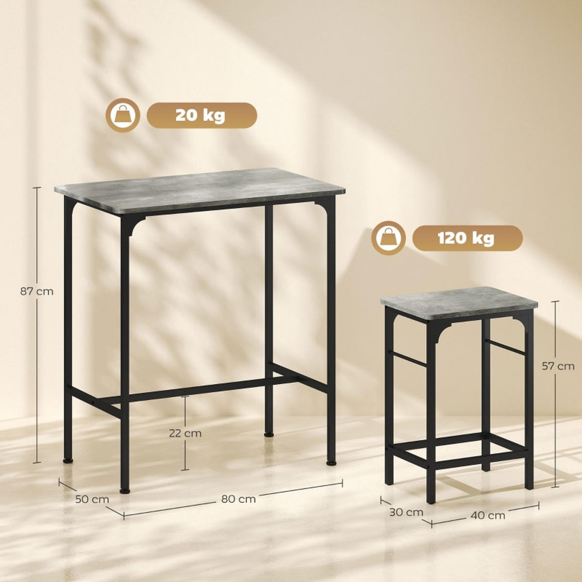 BARTISCH-SET DE-39293 80/50 cm Tisch mit 2 Hockern Grau/Schwarz - Grau, Metall (80/87/50cm) - ComfortXL
