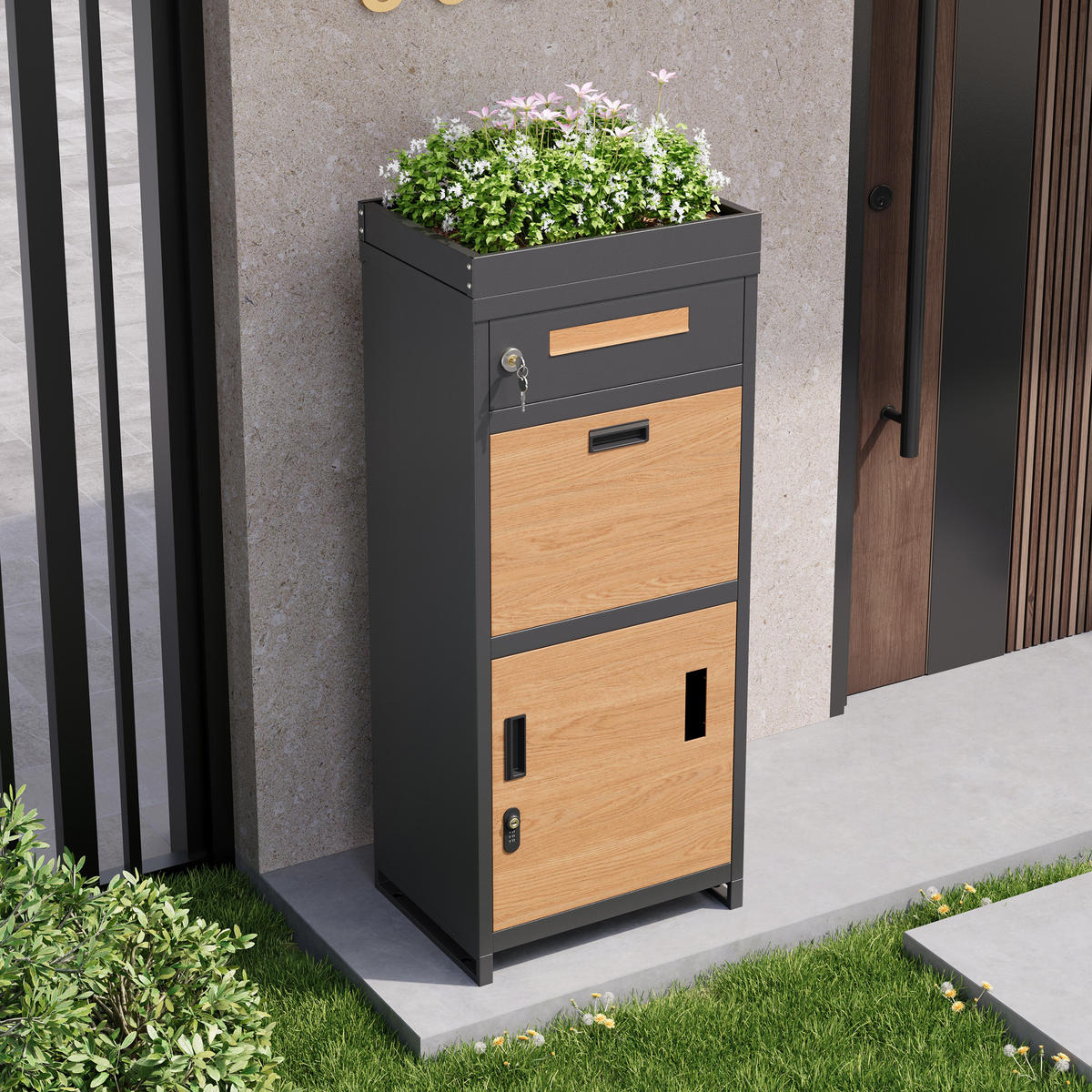 PAKETBRIEFKASTEN Mit Blumentrog Holzoptik/Grau - Braun, Metall (37/118.5/50cm) - ComfortXL