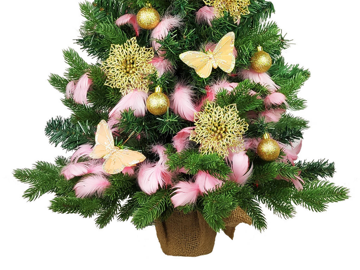 WEIHNACHTSBAUM künstlicher 60 cm mit LED-Beleuchtung, LUXUSMOMENT, mit 29 Weihnachtsbaumschmuck, Pflanztopf mit Jutesack - Champagner/Pink, Kunststoff/Stein (40/60cm) - LAALU
