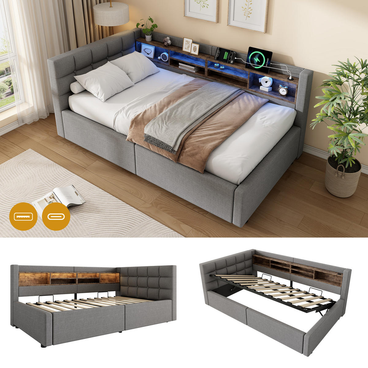 DENNÍ POSTEL 90x200cm Pohovka Úložná LED USB Šedá - šedá, přírodní materiály (90/200cm) - FLIEKS
