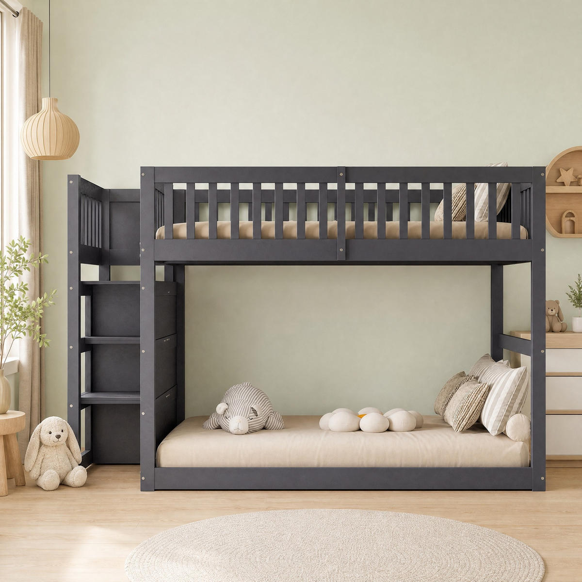 ETAGENBETT 140/200 mit Sicherheitsgeländer, Stauraumtreppe und Schubladen in Grau - Grau, Holzwerkstoff (140/200cm) - EVRYAE