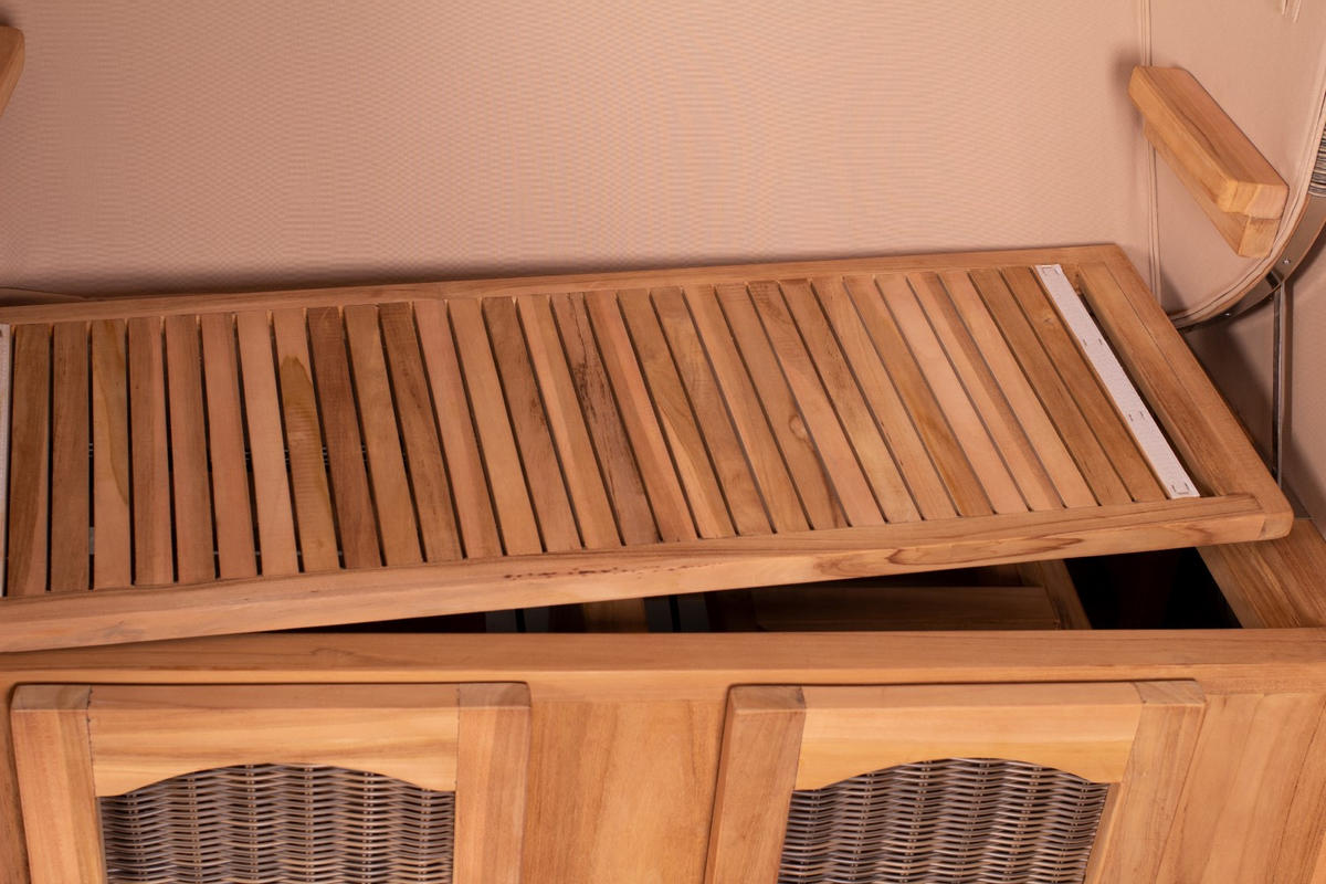 STRANDKORB Komplettset: Ammersee Grande XL Teak Bullauge - PE grau - Modell 595 - Blau/Grau, Holz/Kunststoff (142/165/95cm) - bene living