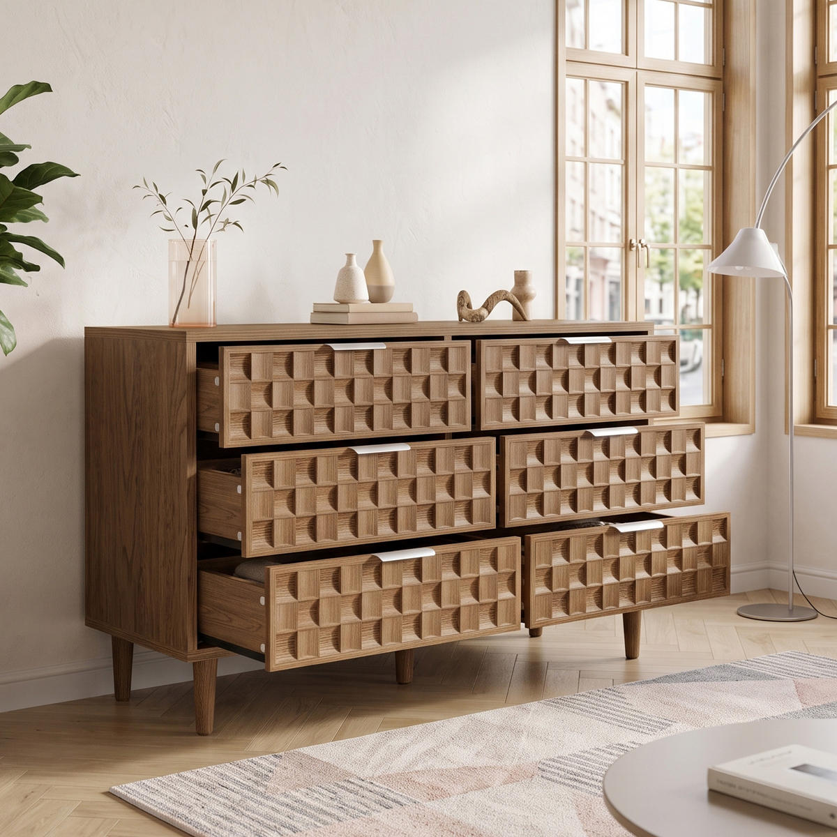 SIDEBOARD Eiche-Optik mit 6 Schubladen & Schokoladenwaffel-Design - Eichefarben, Holzwerkstoff (120/77/37cm) - Urban Meuble