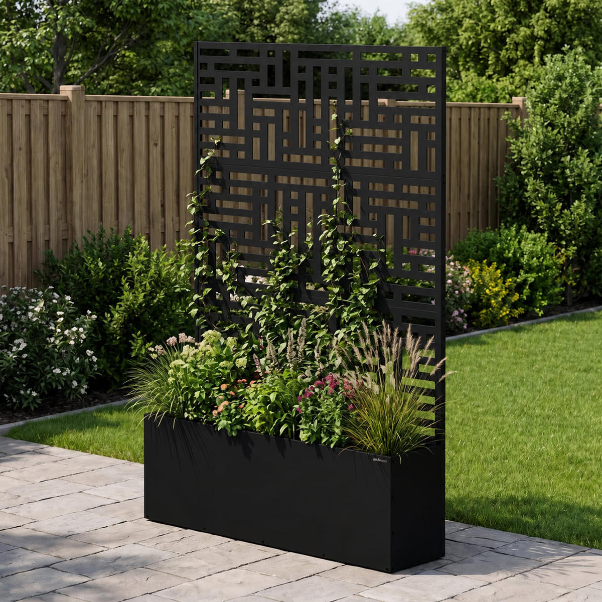 SICHTSCHUTZ mit Blumenkasten ROSE 180x120x30 cm - Schwarz, Metall (120/180/30cm) - Jan Nowak