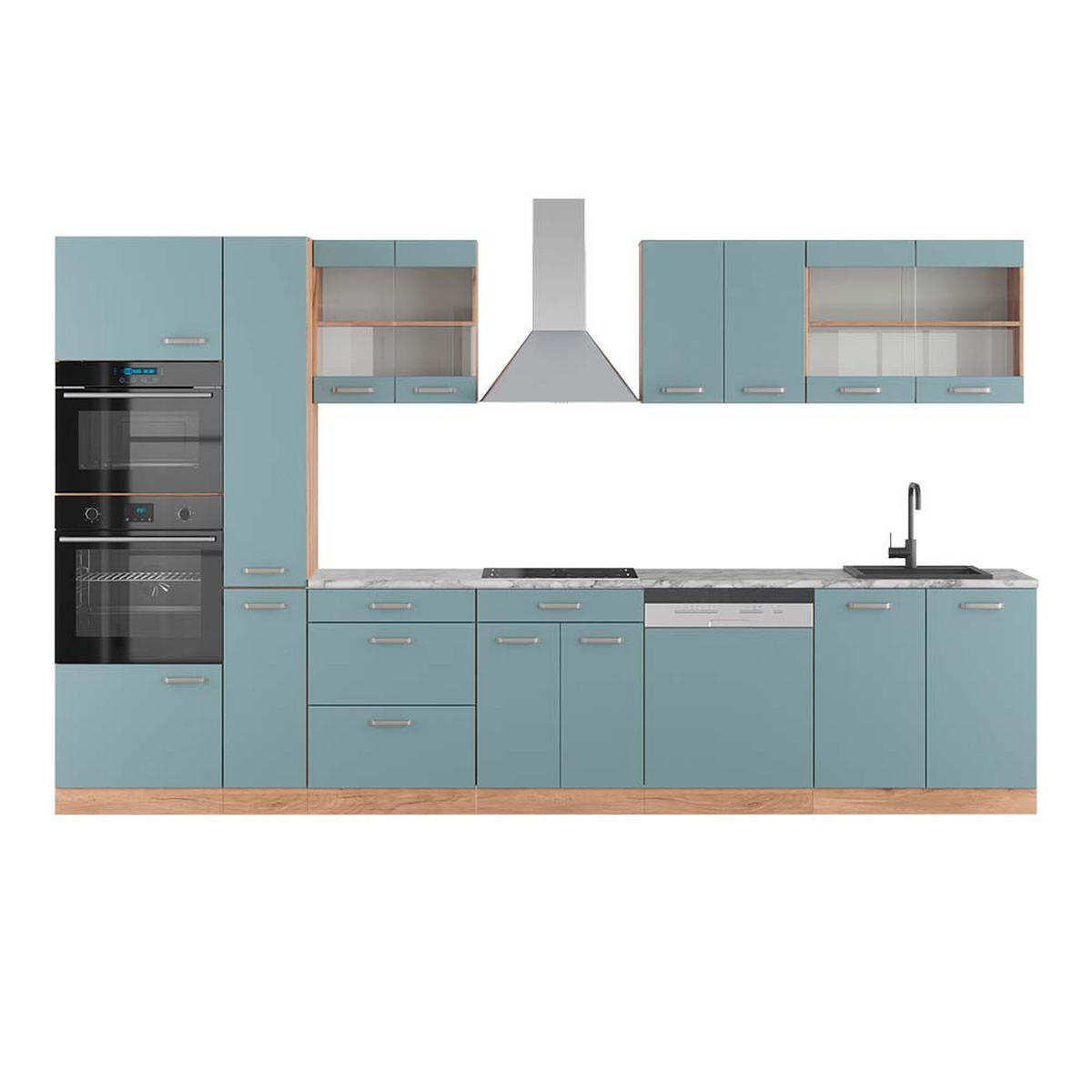 KÜCHENZEILE R-Line Blau-Grau/Goldkraft Eiche 350 cm mit Hochschrank AP Marmor - Eiche Wotan/Blaugrau, Holzwerkstoff (350/81.6/60cm) - Vicco