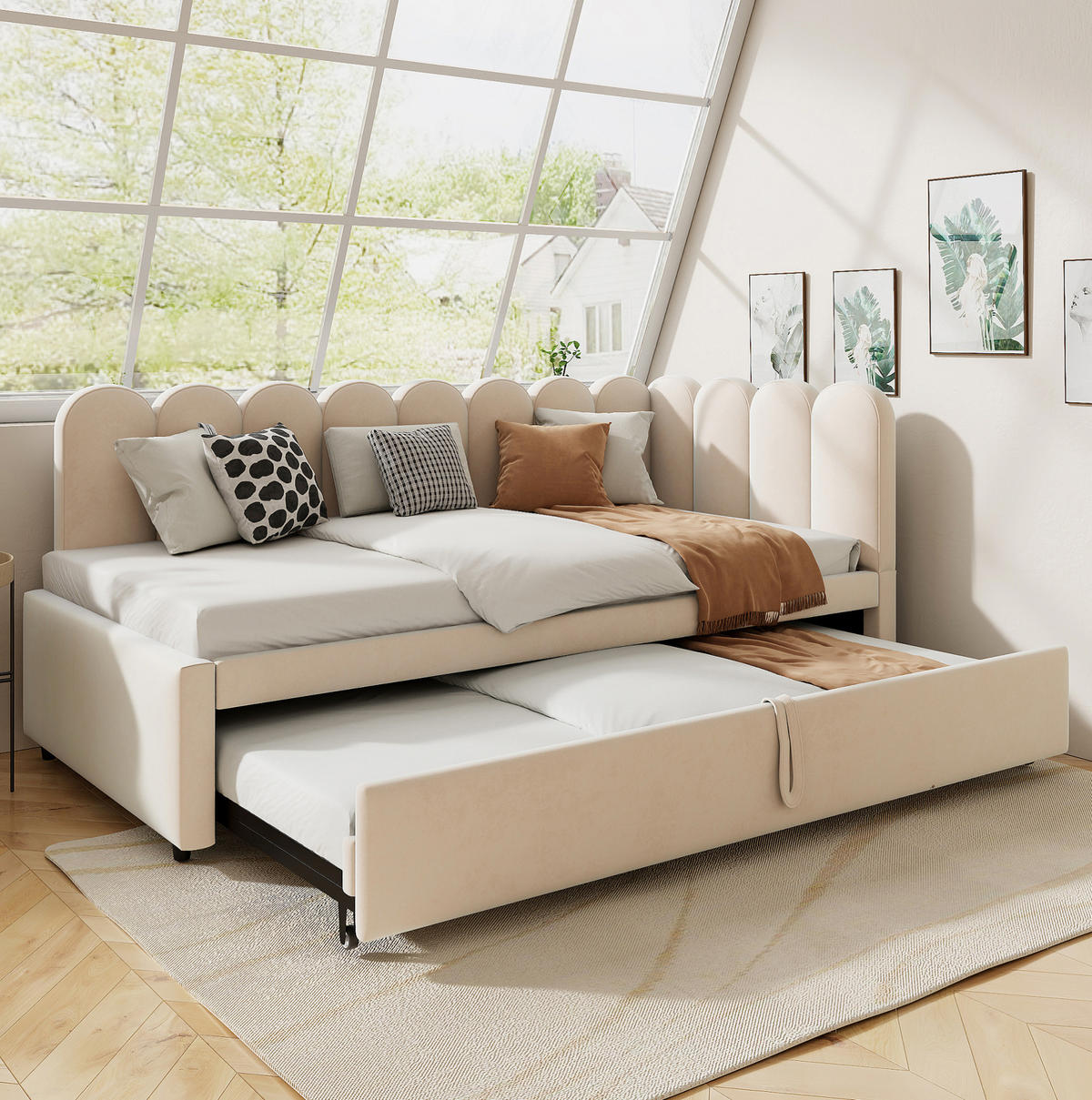 ROZKLADACIA posteľ 90/200 cm béžová v tvare L s výsuvným lôžkom zo zamatu - béžová, textil (90/200cm) - OKWISH