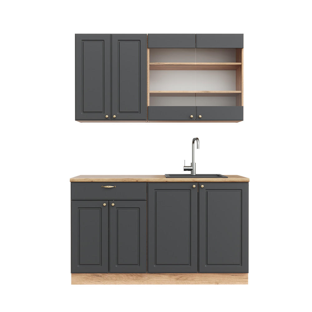 SINGLEKÜCHE Fame-Line Anthrazit Landhaus/Goldkraft Eiche 140 cm ohne AP - Dunkelgrau/Eiche Wotan, Holzwerkstoff (140/81.6/46cm) - Vicco