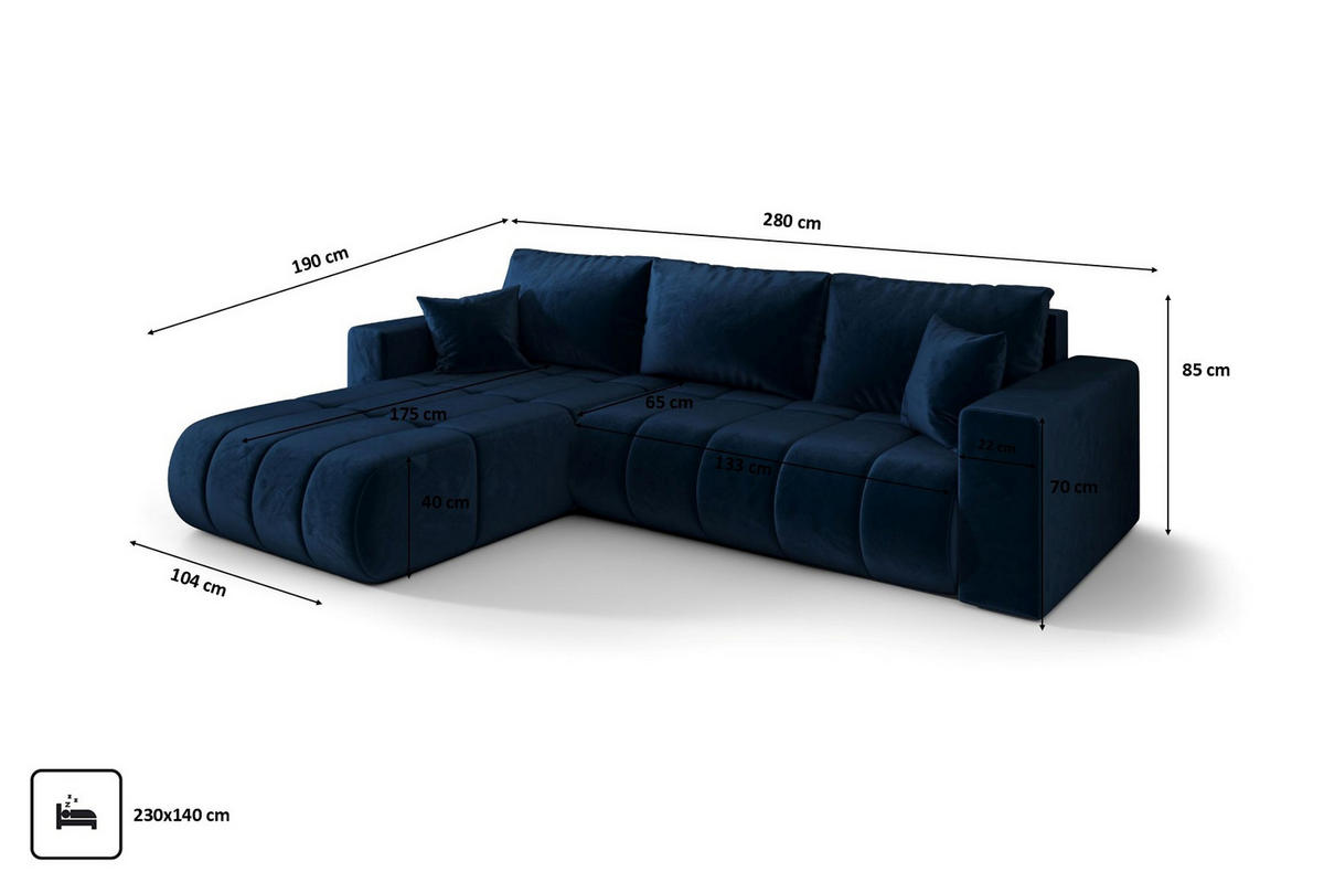 ECKSOFA mit schlaffunktion und bettkasten MILO PREMIUM, stoff MONOLITH, Dunkelblau, Links - Dunkelblau, Holz (280/190cm) - Kaiser Möbel