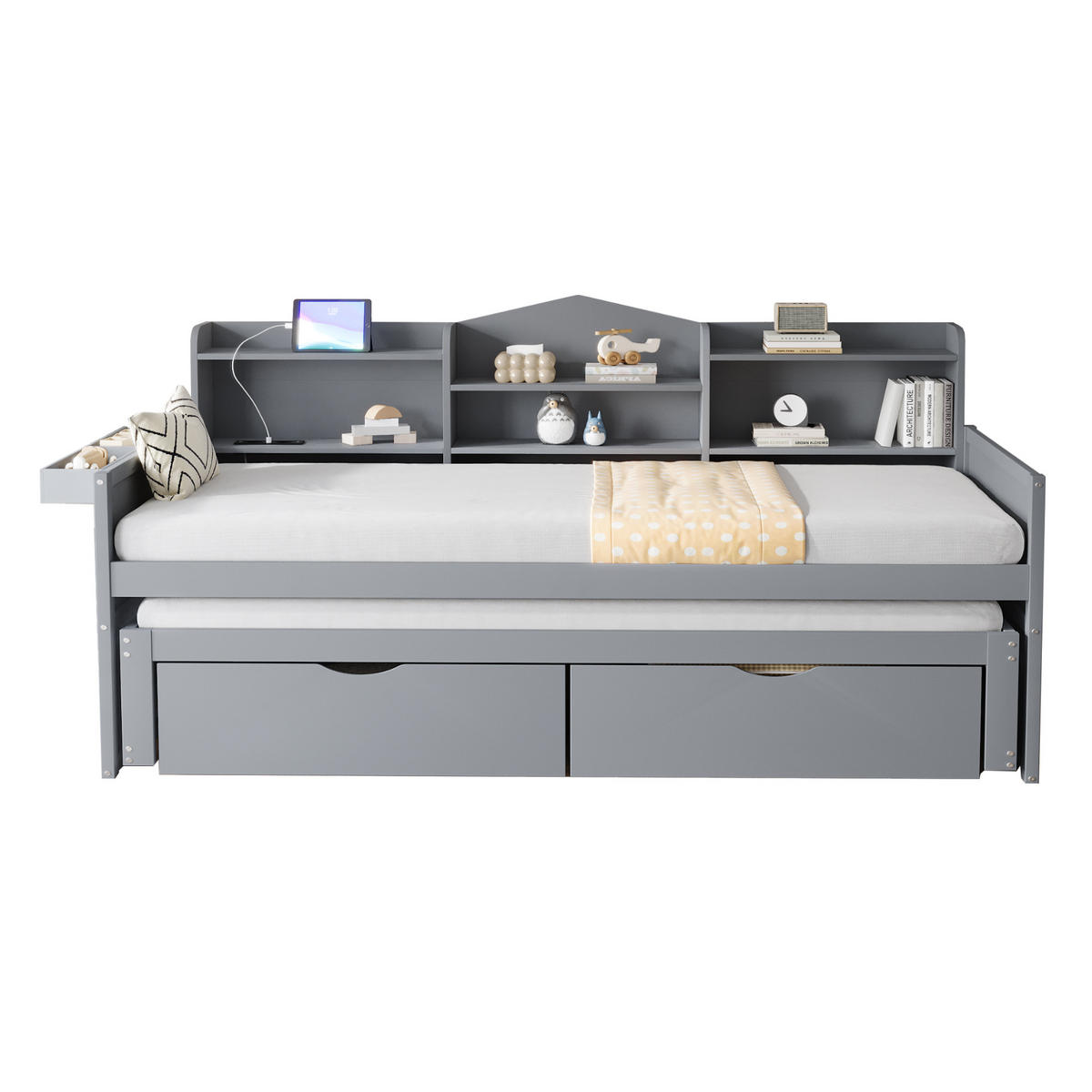 MULTIFUNKTIONSBETT 90/200 cm mit ausziehbarem Bett 90/190 cm und Stauraum in Grau - Grau, Holz (90/200cm) - OKWISH