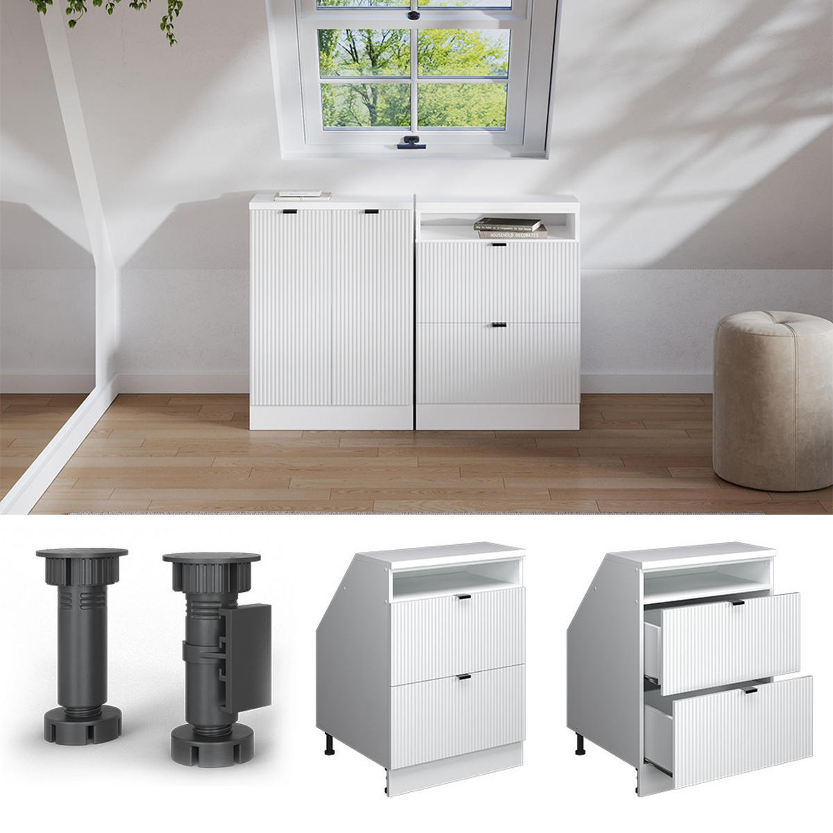 ORMARIĆ ZA KOSI KROV S LADICAMA Rion Bijeli grebeni 60 x 81.6 cm s 2 ladice, korpus ormara dubine 60 cm - bijela, drvni materijal (60/83.8/60cm) - Vicco