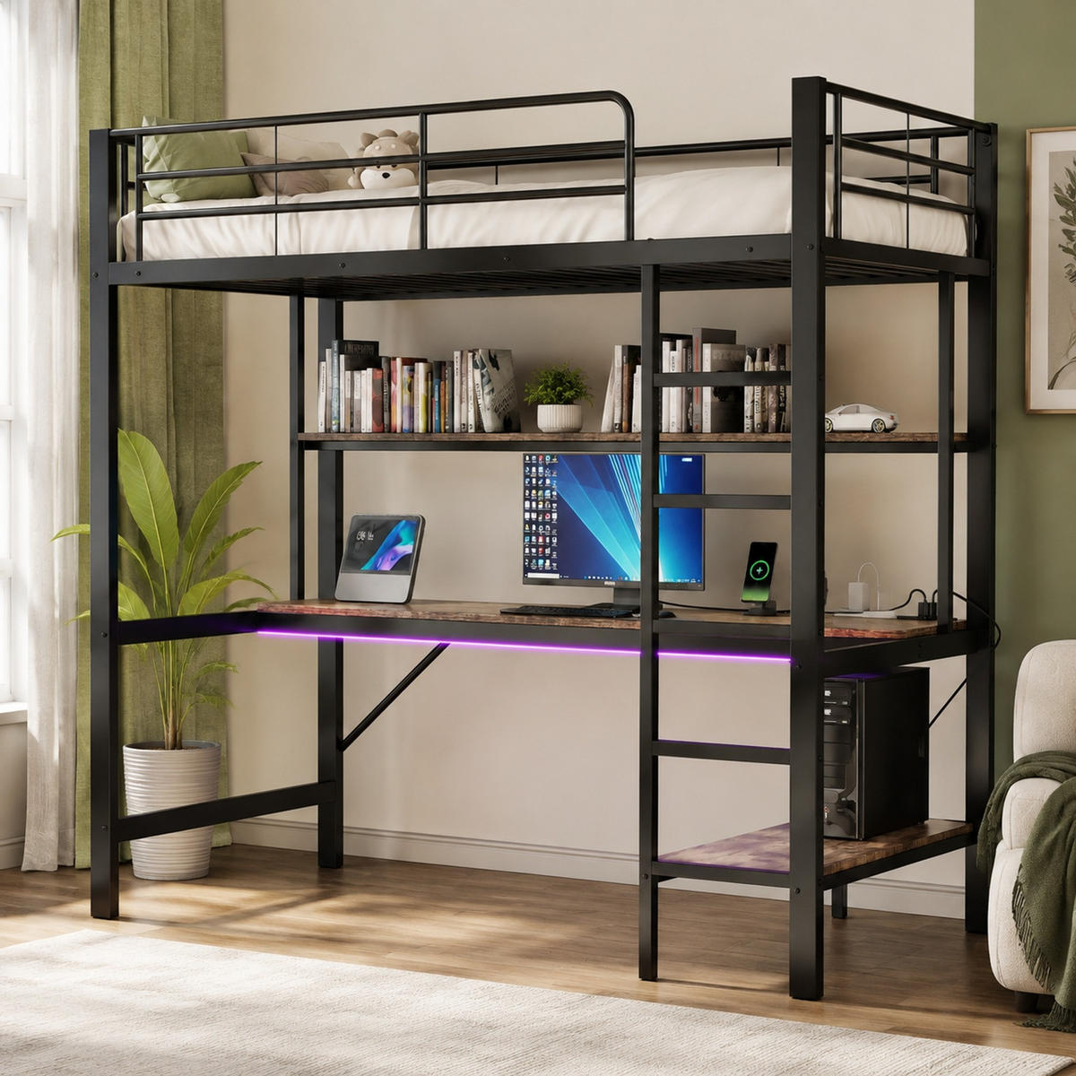 HOCHBETT 90/200 mit LED USB Steckdose und Schreibtisch in Schwarz - Schwarz, Holz/Holzwerkstoff (90/200cm) - EVRYAE