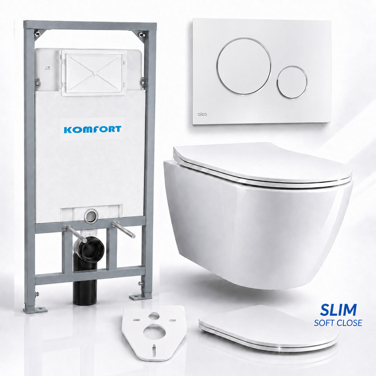 WC-SET ROLO Weiß, Slim-Sitz, Vorwandelement und Betätigungsplatte M672 Chrom THIN - Weiß, Keramik (53/119.5/48.5cm) - bad land