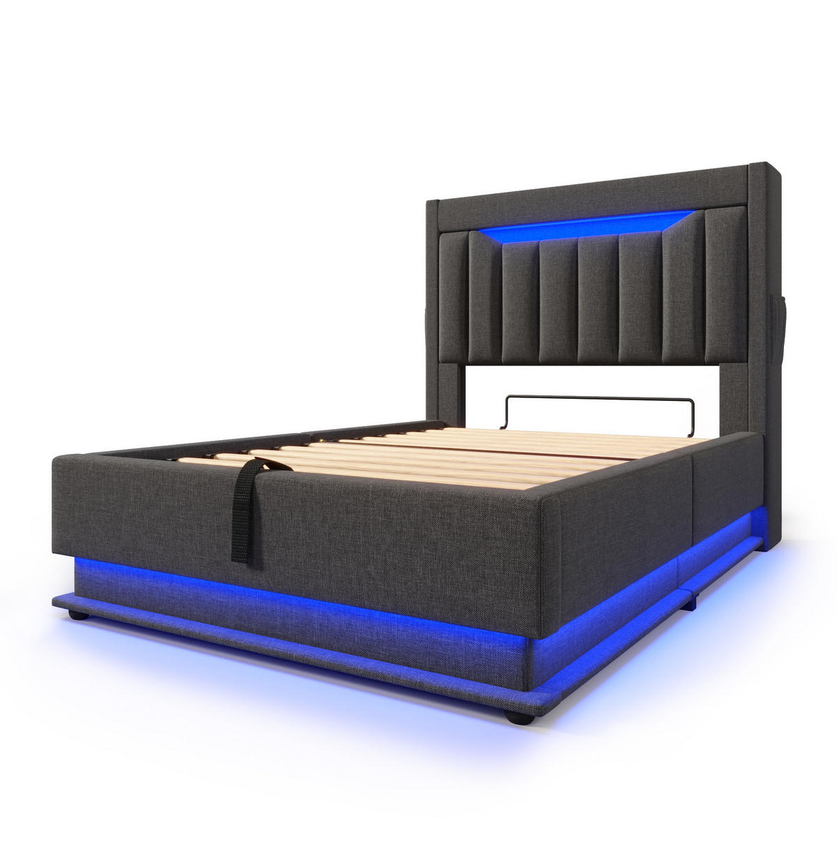 POLSTERBETT 90/200 cm Grau aus Leinen mit LED und Stauraum - Grau, Textil (90/200cm) - OKMYHOME