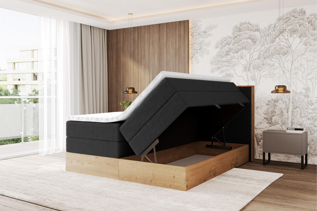 BOXSPRINGBETT LOLLI9 -KING 140x200 - H3/H4 Schwarz - Schwarz Hochglanz, Holzwerkstoff (140/200cm) - ALTDECOR