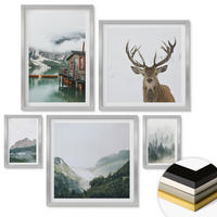 WANDBILDER 5er Set - 50x50 cm & 20x30 cm & 40x60 cm Silberner Rahmen - Berge, See, Hirsche, Hütte, Nebel - Silberfarben, Kunststoff (40/60cm) - ArtPrintCave