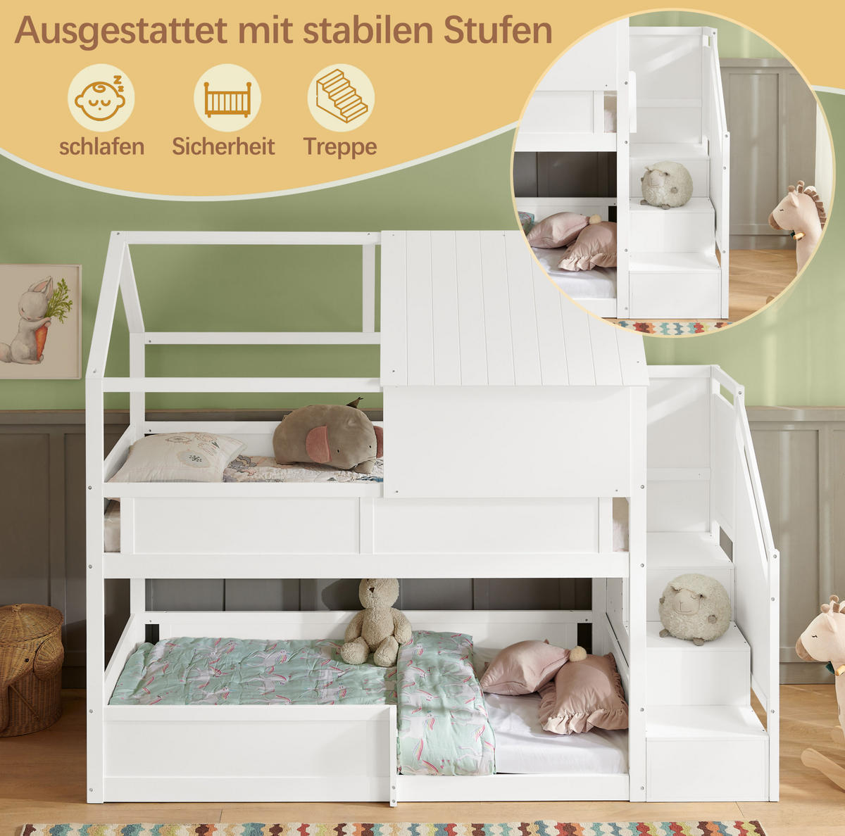 ETAGENBETT 80x200 cm in Weiß mit Dachdesign, Treppe und Sicherheitsgeländern - Weiß, Holz (80/200cm) - IVMEU