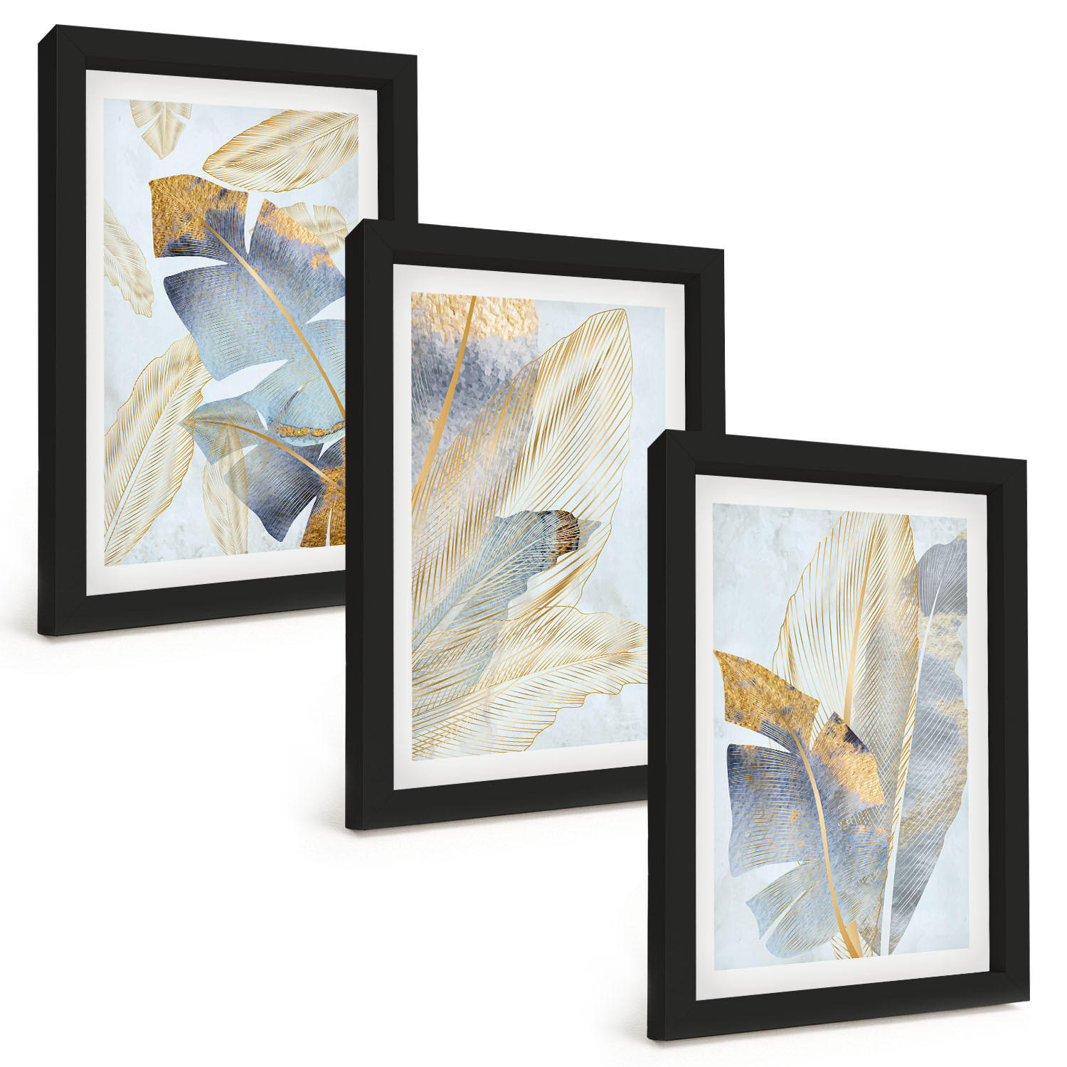 BILDER SET 3er Set - 20x30 cm Schwarzer Rahmen - Hellblau-beige Blätter - Schwarz, Kunststoff (20/30cm) - TULUP