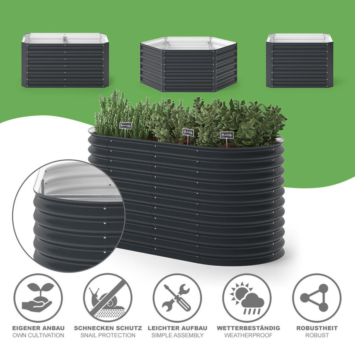 HOCHBEET Anthrazit 160 x 82 cm - Anthrazit, Metall (160/80/82cm) - OK-Living