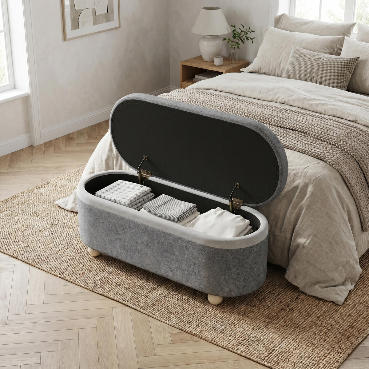 AUFBEWAHRUNGSTRUHE fleece grau 110 cm mit holzbeinen - Grau, Textil (110/47/41cm) - Urban Meuble