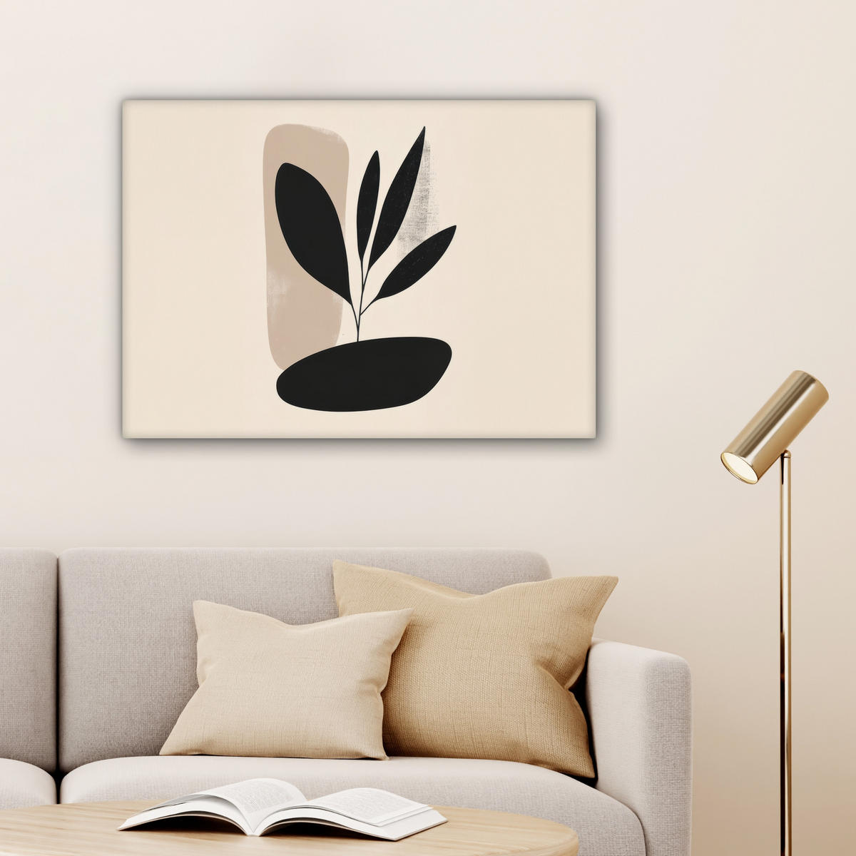 LEINWANDBILD Pflanze - Beige - Japanisch Wandbilder 80x60 cm - Schwarz, Textil (80/60cm) - MuchoWow