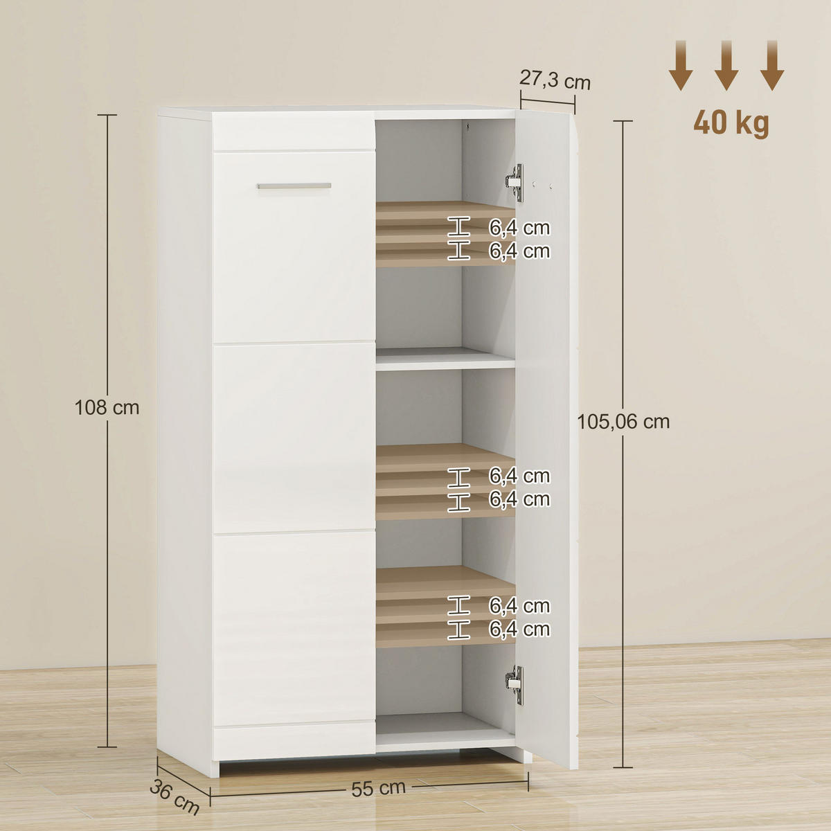 SCHUHSCHRANK DE-09947 Hochglanz mit verstellbaren Regalböden Weiß - Weiß Hochglanz, Holzwerkstoff (55/108/36cm) - ComfortXL