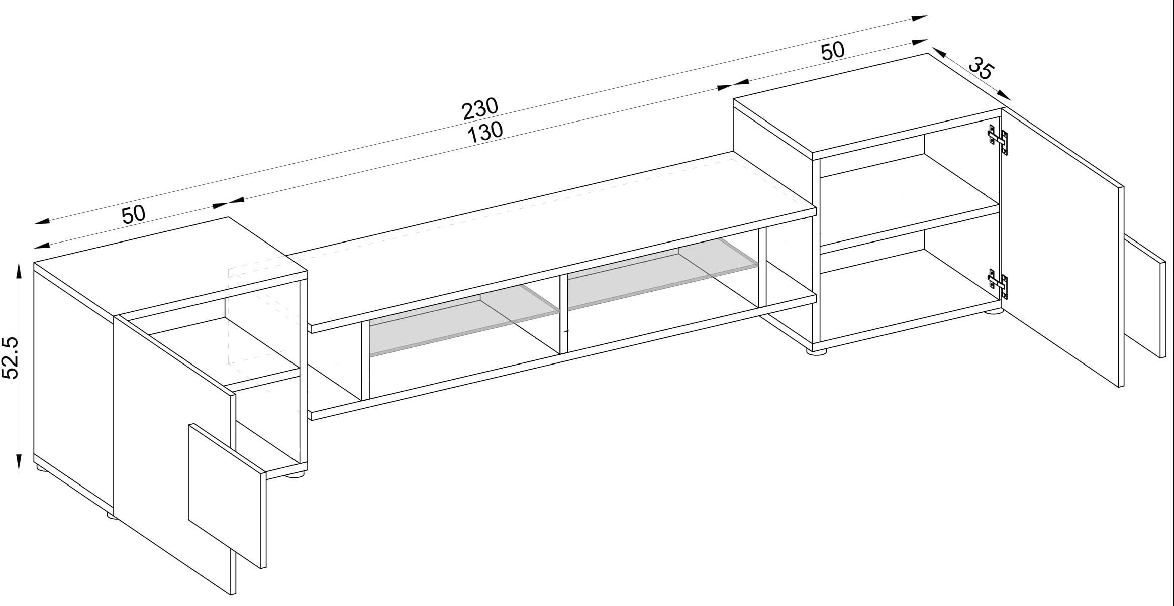 Thumbnail - Komodee Lowboard, Schwarz, Eiche Wotan, Schwarz, Holzwerkstoff, Glas, 4 Fächer, Rechteckig, 230x52.5x35 cm, Wohnzimmer, ...