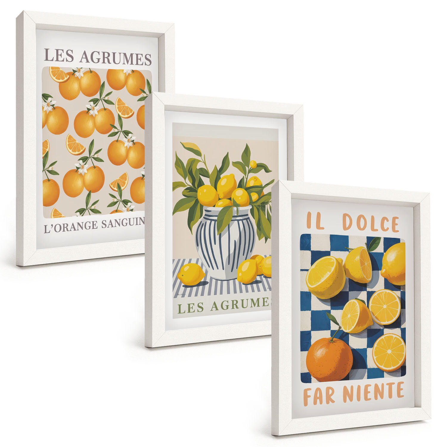 BILDER SET 3er Set - 20x30 cm Weißer Rahmen - Retro gelbe Zitrusfrüchte - Weiß, Kunststoff (20/30cm) - TULUP