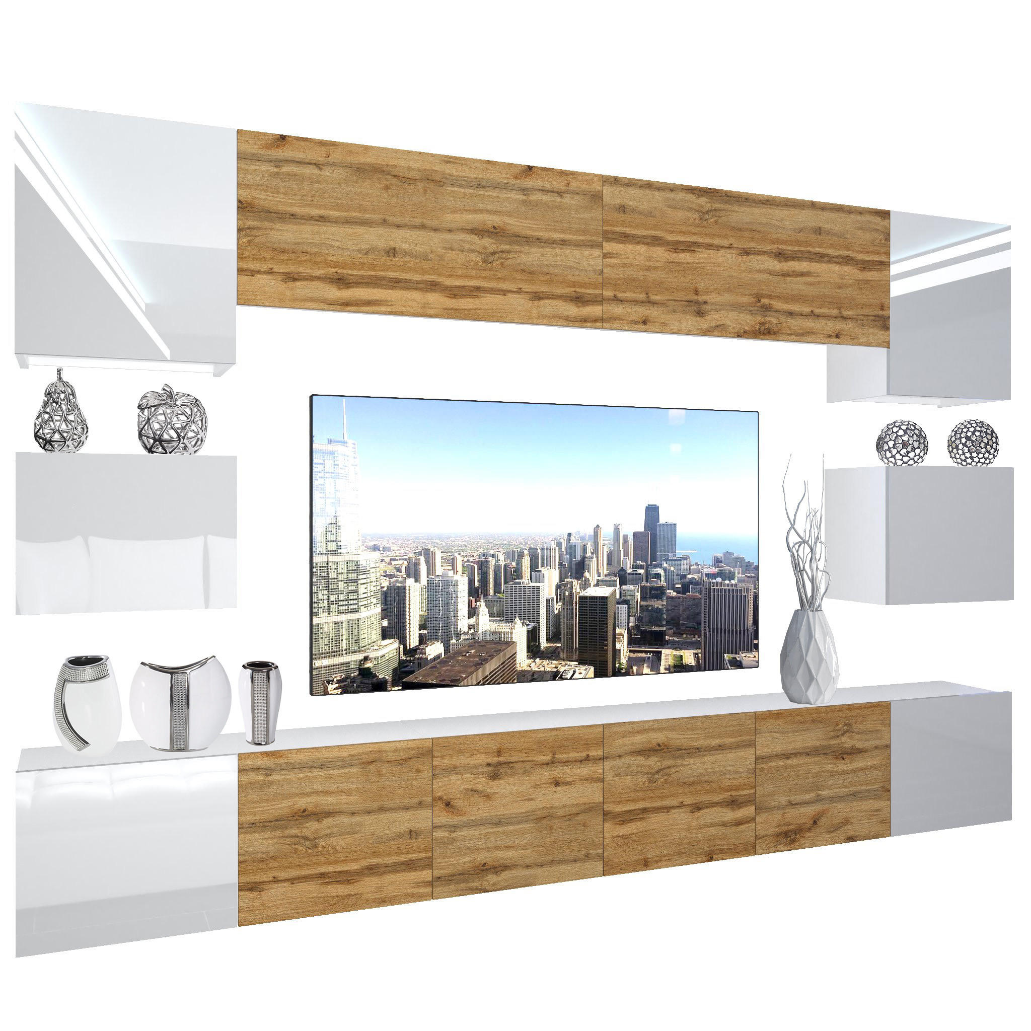 WOHNZIMMERWAND Schrankwand mit LED Weiß / Eiche Wotan Top - Eichefarben/Weiß, Holz (300/180/36cm) - B BELINI GROUP
