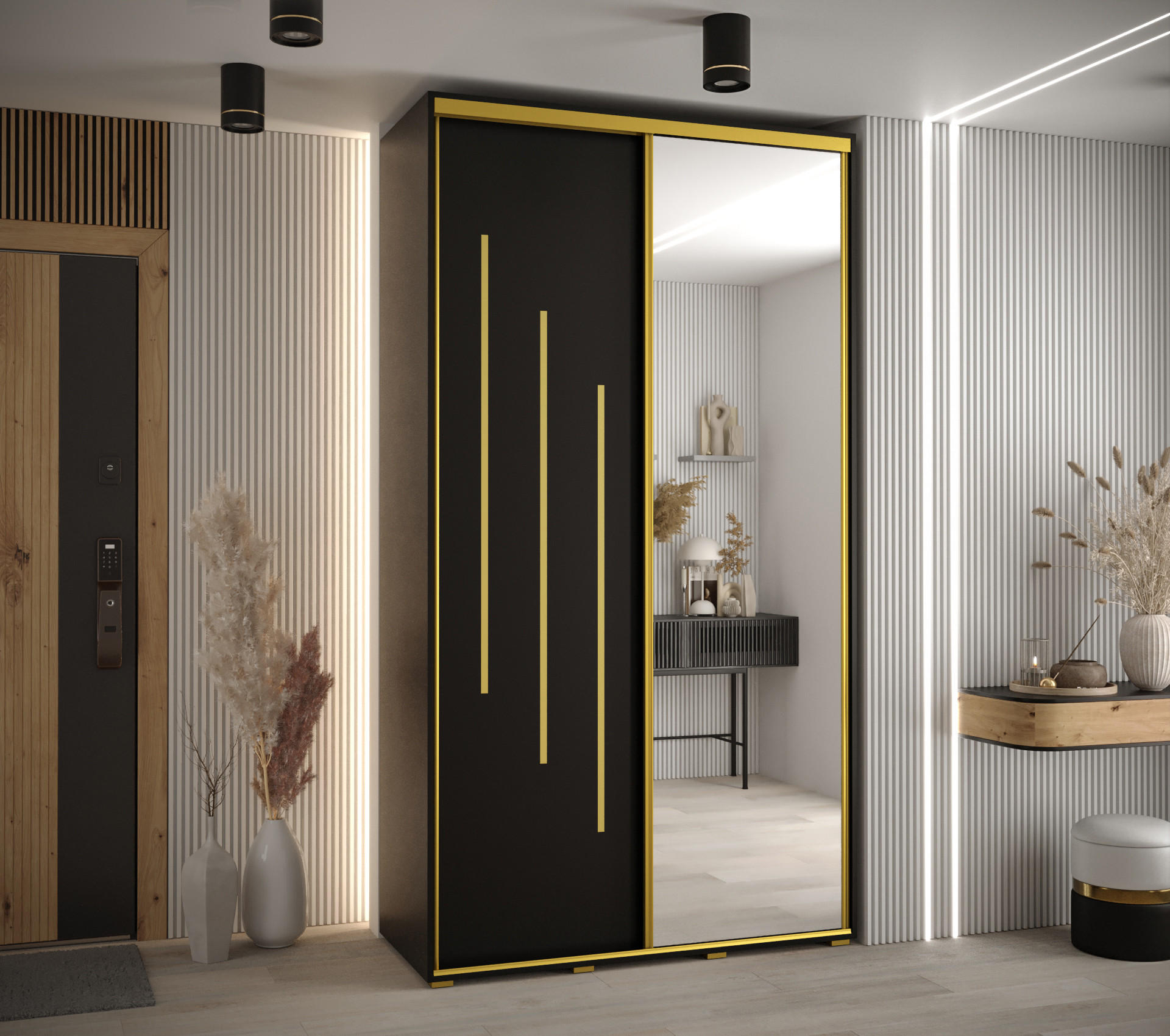 SCHWEBETÜRENSCHRANK 235,2/140/60 2-türig - Goldfarben/Schwarz, Holz/Metall (140/235/60cm) - Abiks Möbel