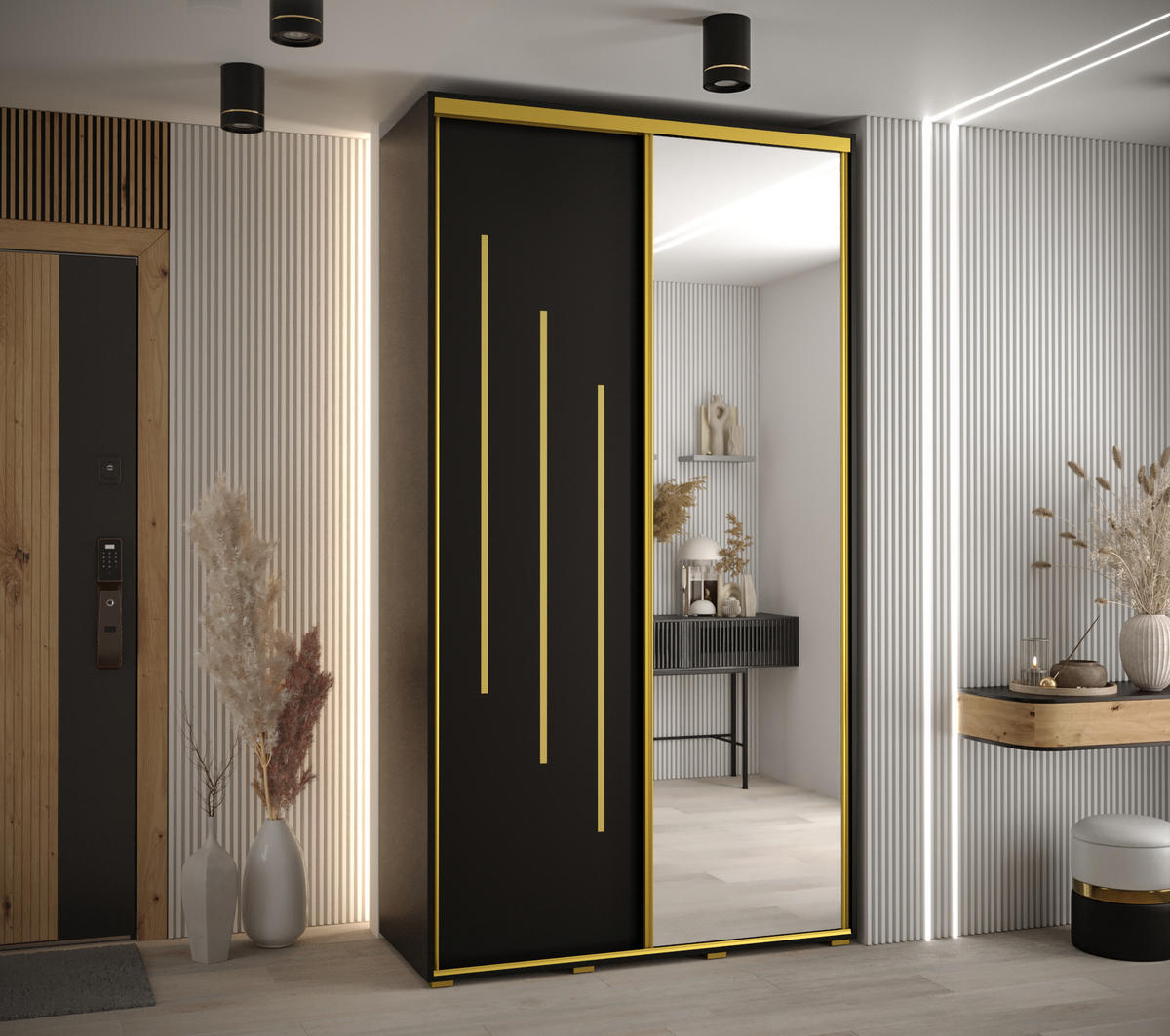 SCHWEBETÜRENSCHRANK 235,2/140/45 2-türig - Goldfarben/Schwarz, Holz/Metall (140/235/45cm) - Abiks Möbel
