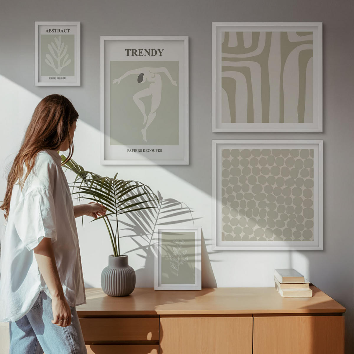 WANDBILDER 5er-Set - 50x50 cm & 20x30 cm & 40x60 cm Weißer Rahmen - Pflanzen- und geometrische Muster - Weiß, Kunststoff (40/60cm) - ArtPrintCave