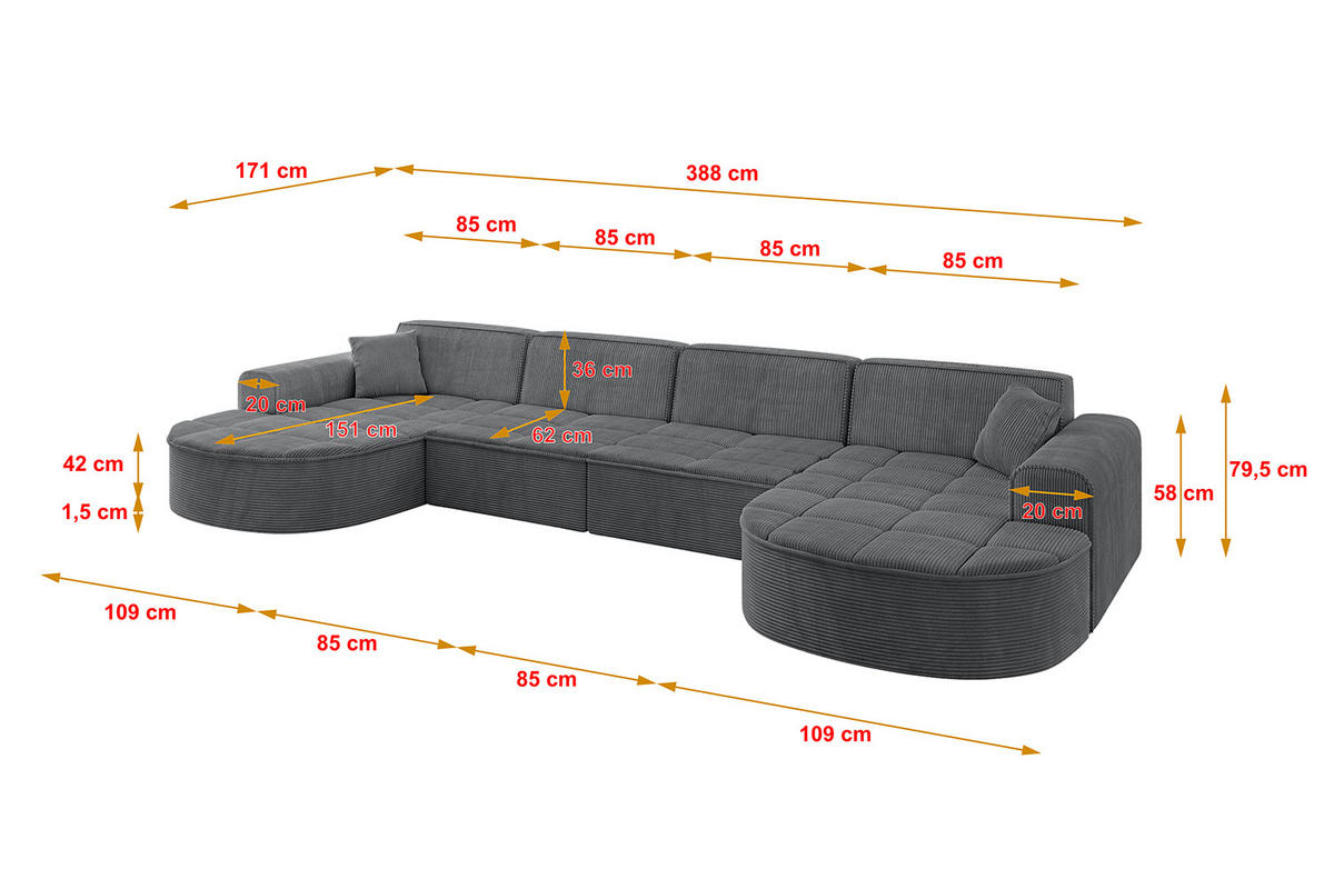WOHNLANDSCHAFT TARO-U2 - 388x171x79,5 cm Duneklgrau - Dunkelgrau, Holzwerkstoff/Textil (388/79.5/171cm) - ALTDECOR