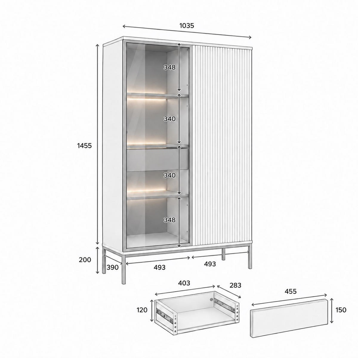 VITRINE Laval WTSZ104 – Kaschmir, mit LED-Beleuchtung - Kaschmir, Glas/Holzwerkstoff (104/166/39cm) - Komodee