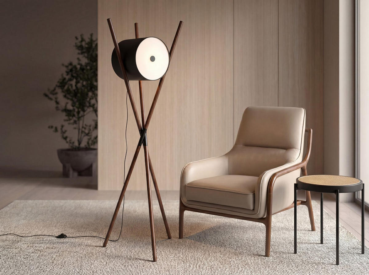 STEHLEUCHTE aus Holz, Kunstleder und dunklem Nussbaum 57/51/173 cm - Walnussfarben, Holz/Metall (51/57/173cm) - The Lumine