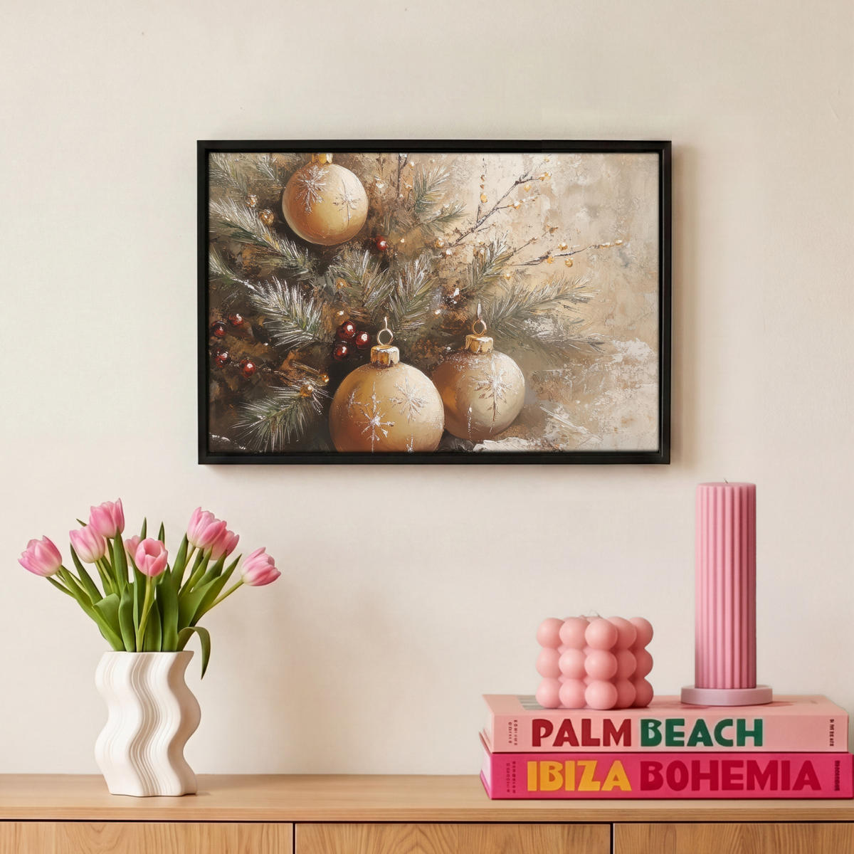 LEINWAND Bilder mit Rahmen - Weihnachten - Kugeln - Beige - Gold - 30x20 - Goldfarben, Textil (30/20cm) - MuchoWow