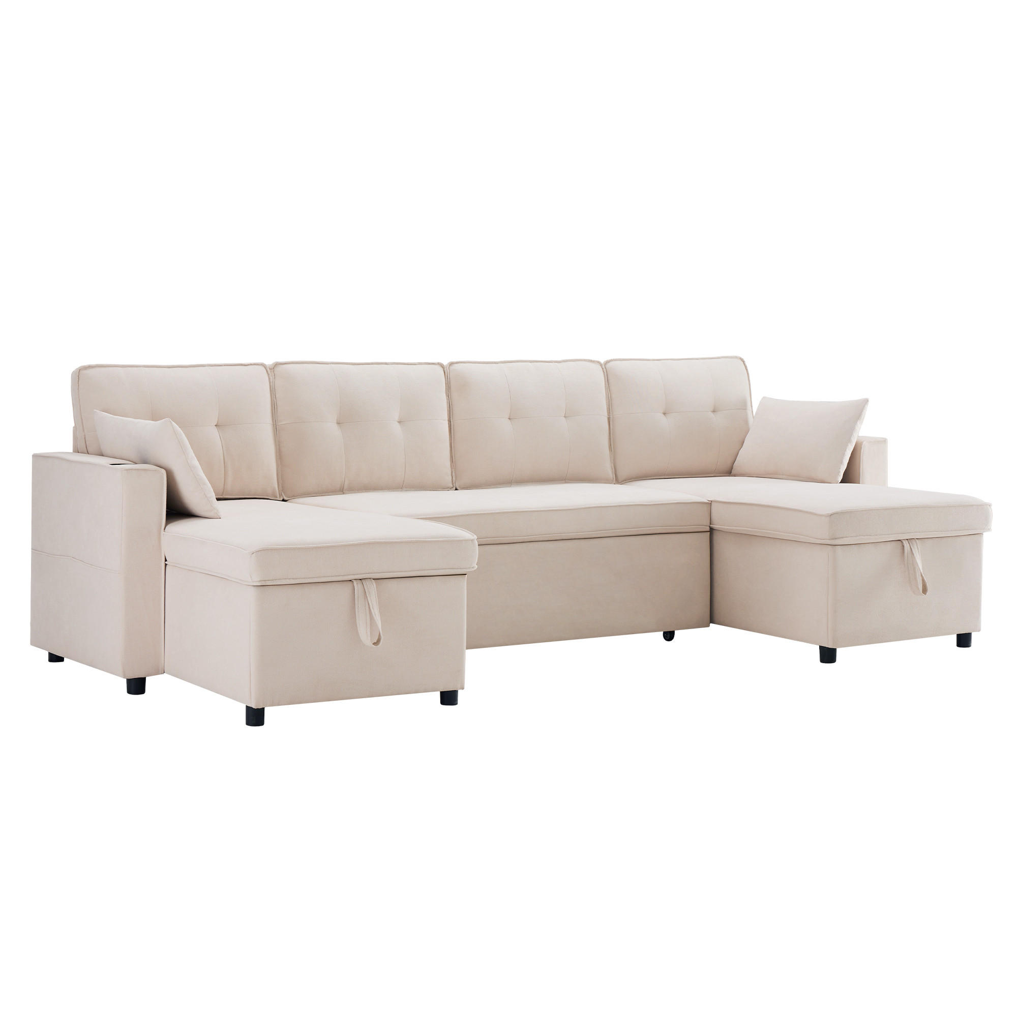 SCHLAFSOFA U-Form mit Getränkehalter und Stauraum - Beige, Textil (270/86/130cm)